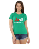 Punjabi University Round Neck T-Shirt for Women - Punjabi in Punjabi - Red and White Art