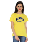 Panjab University Round Neck T-Shirts for Women - Curved Design - Blue and White Art