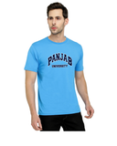 Panjab University Round Neck T-Shirts for Men - Curved Design - Blue and White Art